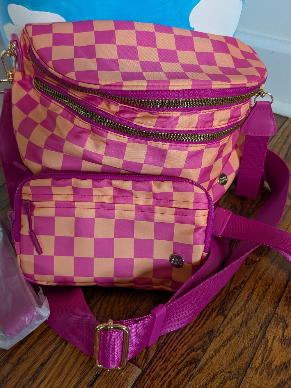 Checkerboard Pink & Orange Bum Bag With Wallet by Gold Blush